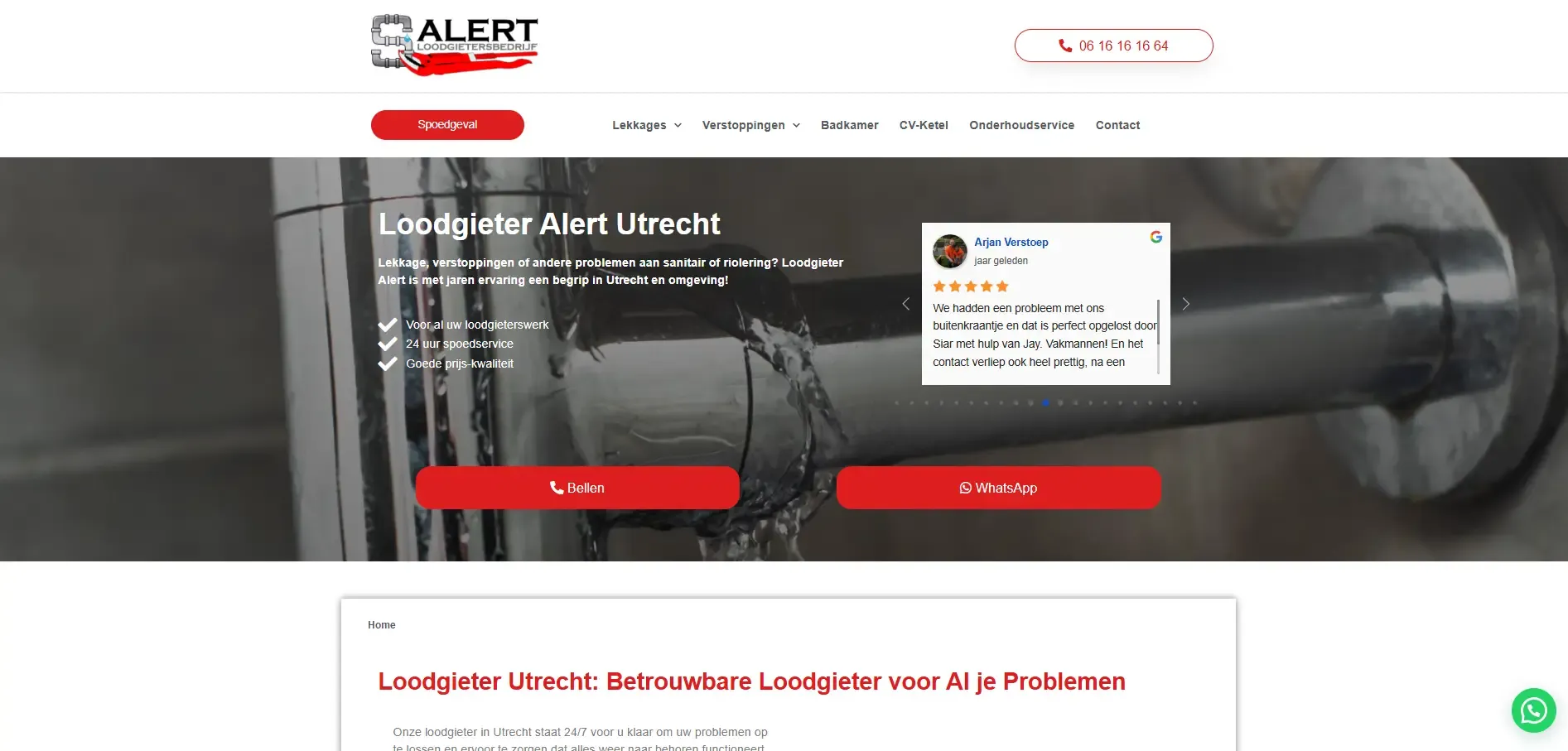 Website van Loodgieter Alert Utrecht